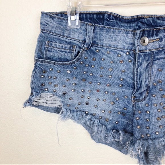 Denim Studded Distressed Cutoff Jean Shorts - Picture 3 of 8